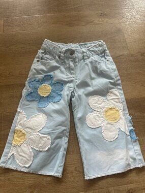 Mini Boden 4-5Y Light Blue Daisy Flower 3/4 Trousers